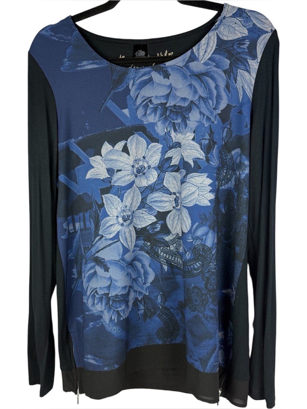 Desigual Blue Floral Long Sleeve Top Gold Script Metallic Zip Hem Mixed Media
